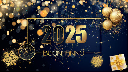biglietto o striscione per augurare un felice anno nuovo 2025 in oro su sfondo blu con glitter e cerchi effetto bokeh, un orologio, regali, fiocchi di neve e pallina di Natale dorata - obrazy, fototapety, plakaty