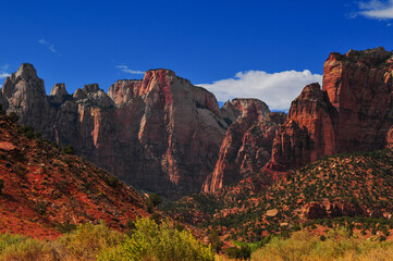 The Towers of the Virgin sandstone monoliths towering above the canyon, Zion National Park, Utah, Southwest USA.