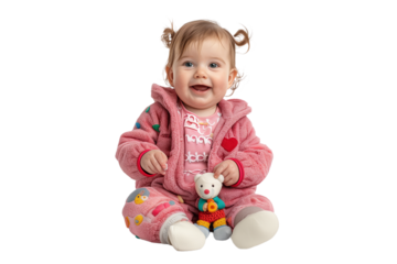 Baby Girl Sitting on Ground With Teddy Bear