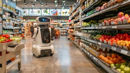 Robot Walking in Grocery Aisle - Powered by Adobe