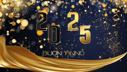 biglietto o striscione per augurare un felice anno nuovo 2025 in oro su sfondo blu con paillettes e cerchi effetto bokeh e sotto un drappo color oro
