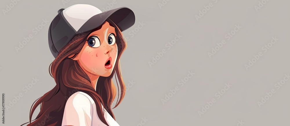 Sticker the cartoon girl with bangs wore a baseball cap and a white shirt, making a happy gesture with a big