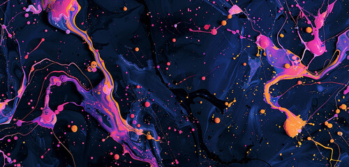 An abstract marble texture where splashes of neon colors seem to dance on a dark, midnight background, suggesting the unpredictable beauty of ink in water. 32k, full ultra HD, high resolution - obrazy, fototapety, plakaty