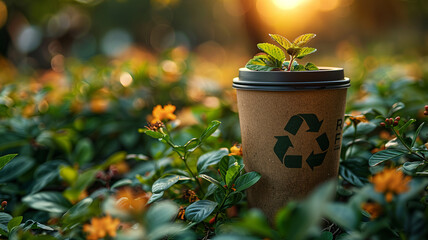 The concept of nature conservation and zero waste. Eco-friendly paper cup with a recycling sign on the background of wildlife,generative ai