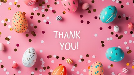 Fototapeta na wymiar thank you greeting with Easter eggs, pink background
