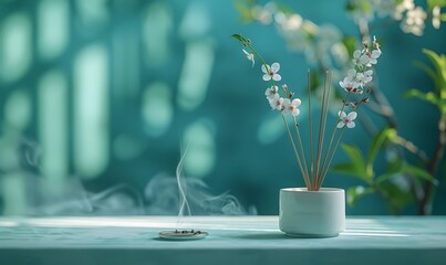 Incense Packaging Mockups with flowers over light background