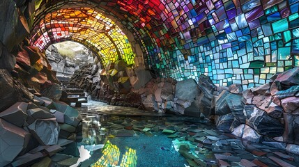 Digital art of stained glass windows with colorful lights decorating the cave filtered through textured glass panels. - obrazy, fototapety, plakaty