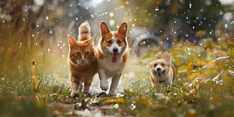 Red friends cat and puppy corgi on green grass plying in winter snow particles pet day