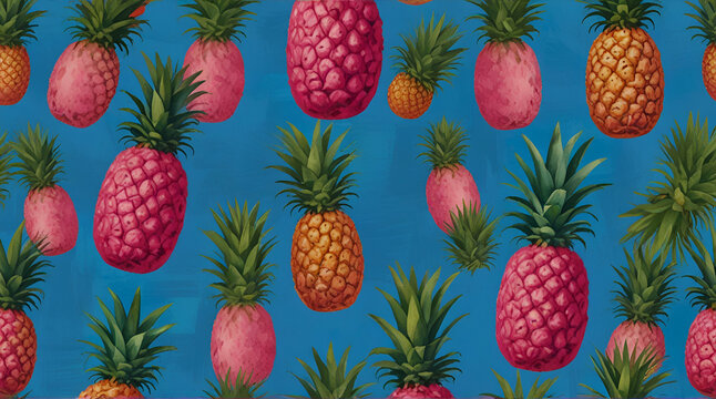 Pink painted pineapples on a vivid blue background