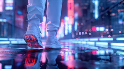  Close-up of a person walking in the city at night with glowing sneakers reflecting on the wet pavement. - obrazy, fototapety, plakaty