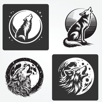 Wolf Howling moon vector logo set