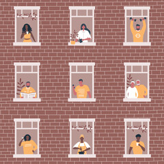 People at the window in brown house. Black and white people. Neighbors. Stay at home concept. Vector illustration