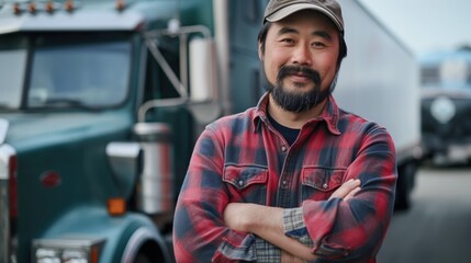 An Asian delivery man standing confidently in front of a large semi-truck