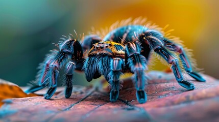 Macro shot of tarantula  velvety body, intricate hairs, delicate leg textures in shallow focus