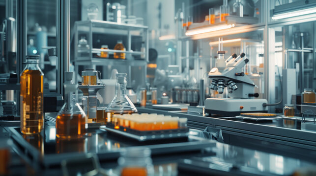 A modern food packaging testing laboratory with testing machines and quality control equipment, momentarily still but ready to ensure the strength and integrity of food packaging materials