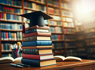 Graduation cap and scroll on a stack of books against the background of a library with bookshelves