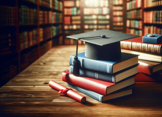 Graduation cap and scroll on a stack of books against the background of a library with bookshelves