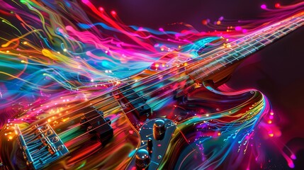 Bass guitar bursting with vibrant colors, wide shot, low angle, surreal energy waves,