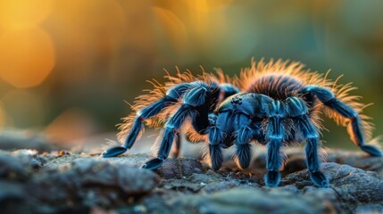 Close up macro shot showcasing tarantula s velvety body, intricate hairs, and delicate leg textures - obrazy, fototapety, plakaty