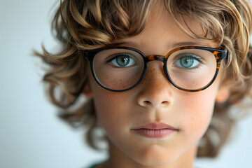 Fototapeta na wymiar Close portrait of beautiful caucasian kid boy with glasses, isolated on a white background