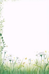 White flowers and green grass border, tranquil scene.
