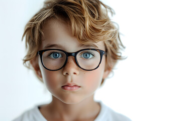 Obraz premium Close portrait of beautiful caucasian kid boy with glasses, isolated on a white background