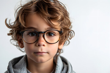 Fototapeta premium Close portrait of beautiful caucasian kid boy with glasses, isolated on a white background