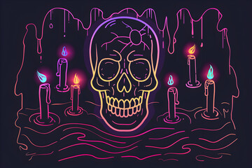 Neon Outline of a creepy skull with floating candles in a hidden catacomb isolated on black background.