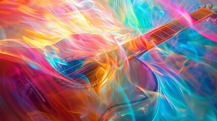 An aura of colorful, abstract energy surrounds a guitar, creating an ethereal atmosphere of musical magic