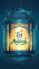 Eid Mubarak holiday greetings with Arabian lantern lamps and ornament, jpeg poster. Islam religious holiday Eid Mubarak