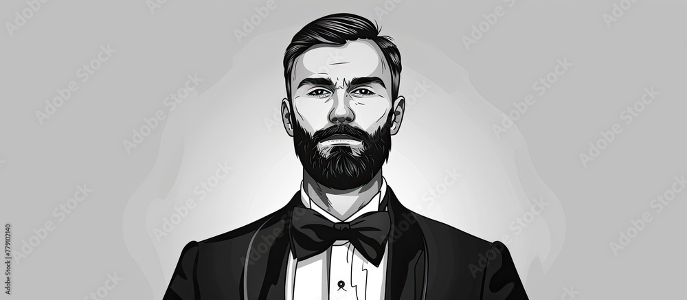 Poster The man has a neatly trimmed beard and is dressed in a tuxedo with a bow tie. His jawline is accentuated by the collar of his dress shirt, and his sleeve extends elegantly as he gestures