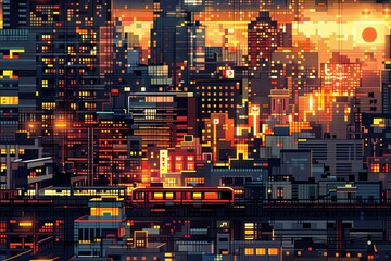 Pixelated cityscape bursting with urban vibrancy and dynamic energy. Detailed architecture. AI Image