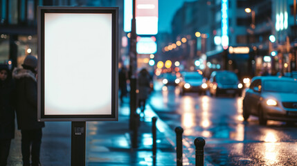 Mockup. Vertical advertising display on the street. Standalone, illuminated advertising column with a blank, white poster mockup against an urban background.