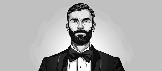The man has a neatly trimmed beard and is dressed in a tuxedo with a bow tie. His jawline is accentuated by the collar of his dress shirt, and his sleeve extends elegantly as he gestures