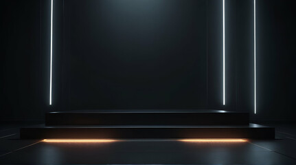 Futuristic dark podium with light and reflection background .Generative AI - obrazy, fototapety, plakaty