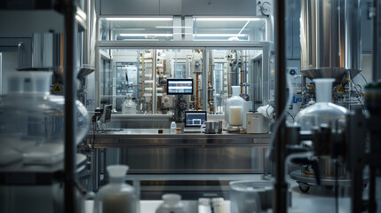 A state-of-the-art biotech pilot plant with specialized equipment and quality control stations, momentarily quiet but ready to test and optimize biologic manufacturing processes