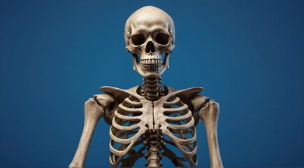 A human skeleton against a blue background, showcasing the intricate structure of bones.

