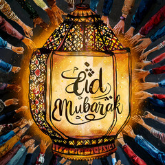 Eid Mubarak holiday greetings with Arabian lantern lamps and ornament, jpeg poster. Islam religious holiday Eid Mubarak