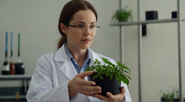 A woman in a lab coat carefully holds a plant in her hands, displaying her scientific expertise and nurturing nature.


