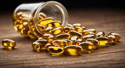 Fish oil capsules spilling out of a bottle - a heap of golden capsules, rich in omega-3 fatty acids, pouring from an open container.

