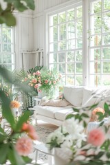 Room adorned with fresh spring decor, such as floral arrangements, pastel-colored accents, and open windows welcoming in the warm spring breeze