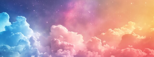 A background with a sky strewn with twinkling stars and clouds painted in delicate shades of pink and purple - obrazy, fototapety, plakaty