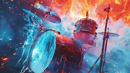 A drum set ignites a cinematic explosion of colors, captured in powerful 4K energy - obrazy, fototapety, plakaty