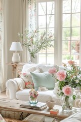 Room adorned with fresh spring decor, such as floral arrangements, pastel-colored accents, and open windows welcoming in the warm spring breeze