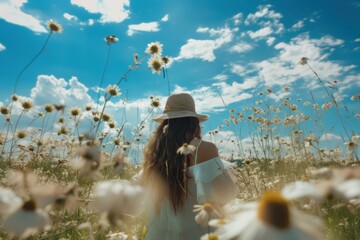 Girl in a meadow with flowers and a nice blue sky.