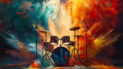 A drum set ignites a cinematic explosion of colors, captured in powerful 4K energy - obrazy, fototapety, plakaty