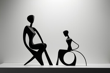 Black modern sculptures of the female body on a white background. Abstract artwork