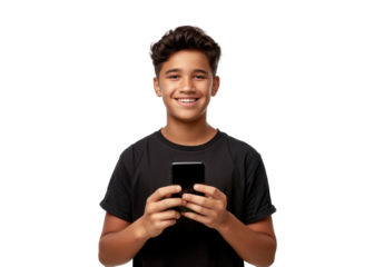 Smiling Teen Boy with Phone on Transparent