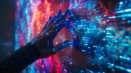 A close-up of an AI hand pressing against a colorful, futuristic display, showcasing the interaction of technology - obrazy, fototapety, plakaty