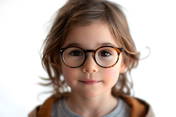 Fototapeta premium Closeup portrait of beautiful caucasian kid girl with glasses, isolated on a white background